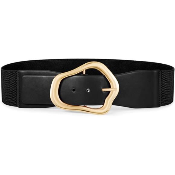 ✨ Wide Black Stretch Belt | Gold-Tone Buckle | Elastic & Leather Waist Cinch - Picture 2 of 3